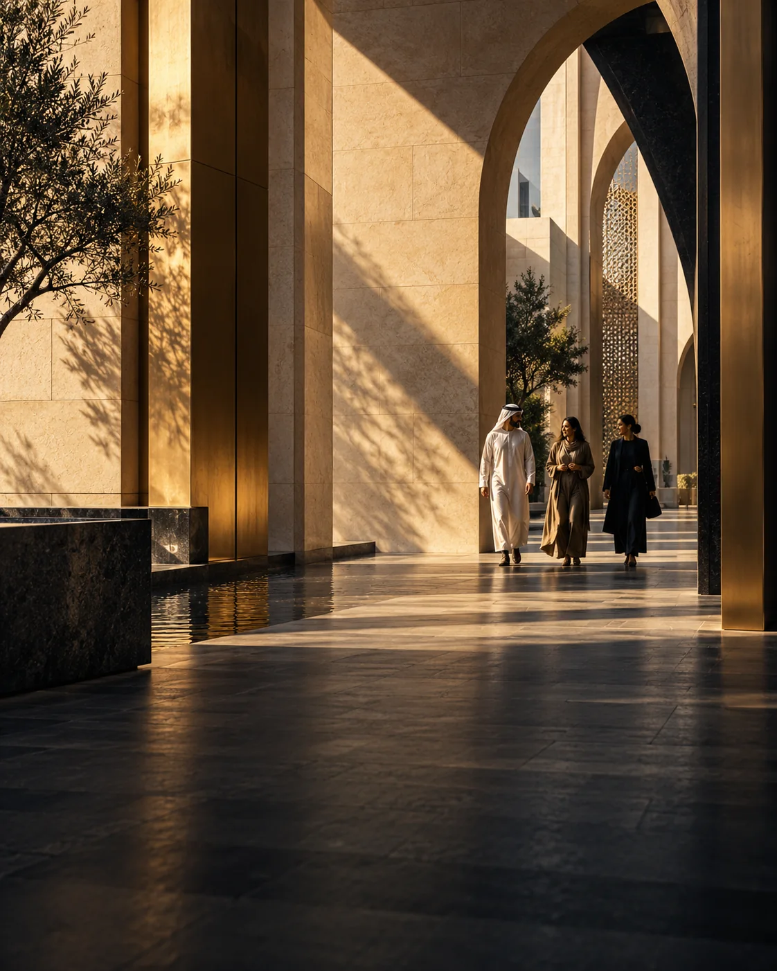 People walking through sunlit sculptural architecture in Dubai
