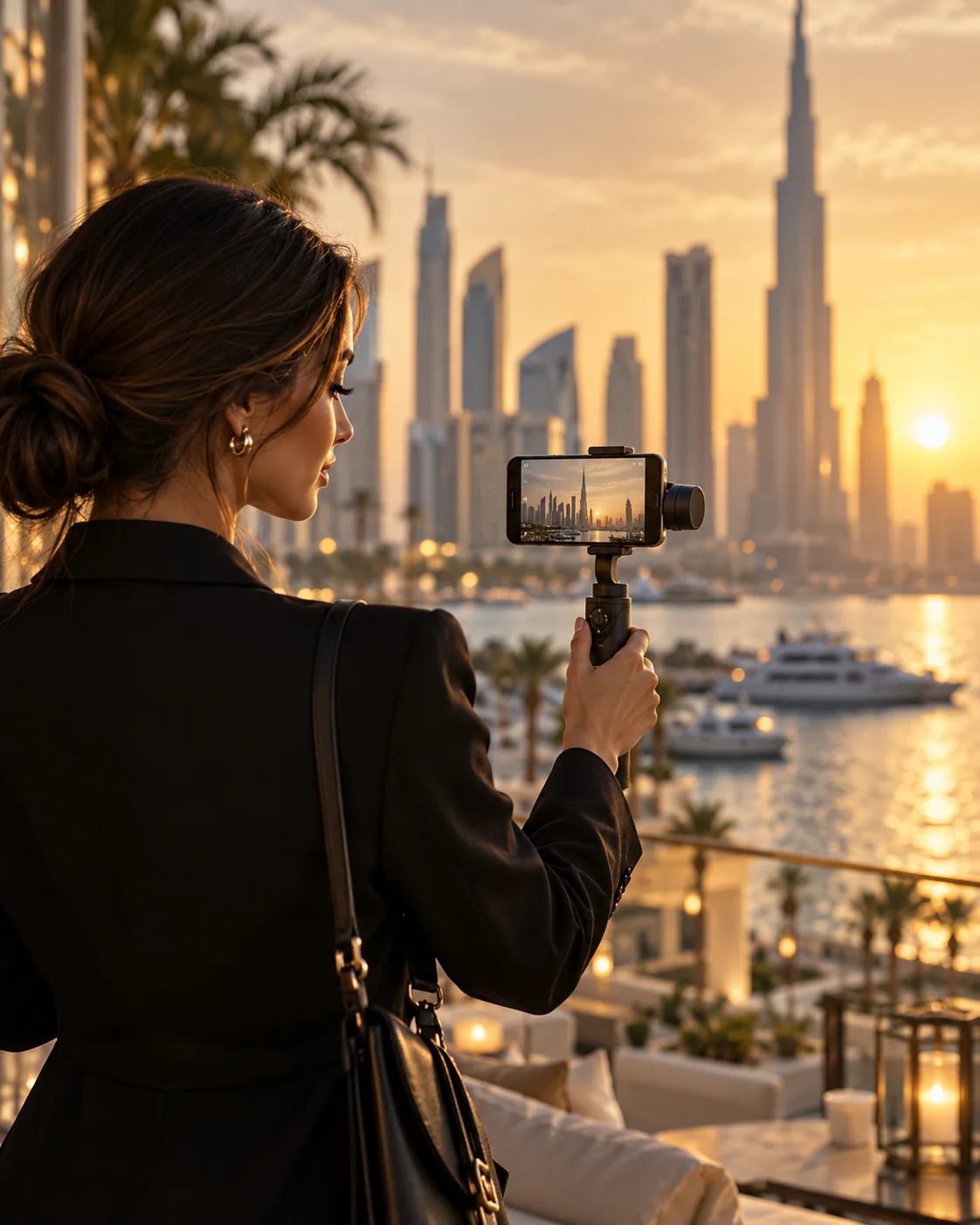 Illustrative Dubai content creation scene: filming the waterfront at golden hour